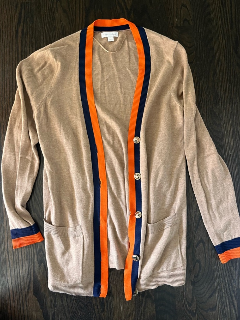 Women’s  Tan Cardigan with Navy & Orange Trim